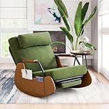 EROMMY Schaukelstuhl mit Klappbarer Rückenlehne,Schaukelsessel mit Kordober Holz,Rocking Chair Schwingsessel für Wohnzimmer,Schlafzimmer,Beige-grün