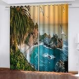 MAYNUO Blickdichte Vorhänge Mit Motiv 3D Malediven, Insel, Landschaft Kinder Gardinen Ösen Gardine Thermo 280x160 cm Schlafzimmer Kinderzimmer Vorhange Dekoratives Muster, Verdunklungsvorhänge