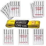 Nähnadelset: 50 Nähmaschinennadeln : Jeans, Jersey, Stretch, Leder & Universal - Nadeln + Schneidermaßband in gelb