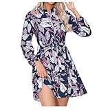 NARUPE Damen-Minikleid, V-Ausschnitt, Knopfleiste, langärmelig, modisch, elegant, lässig, Blumendruck, Boho-Schnürkleid, blau, L