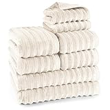 Pure Label 8-TLG. Handtücher Set mit Aufhängeschlaufen aus 100% Baumwolle, saugstark und weich - 2X Badetuch (70x140cm) 4X Handtuch (50x100cm) 2X Gästetuch (30x50cm), Creme