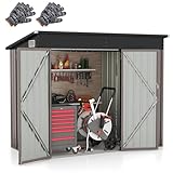 HOMASIS Gerätehaus Metall, Geräteschuppen mit Pultdach & 2 Tür & 2 Lüftungsfenster, 235x117x185 cm, 2,6 ㎡, Gartenhaus mit 2 Paar Handschuhe, Outdoor Gartenschuppen Gartenhütte Wetterfest (Warmgrau)