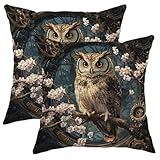 Kissenbezüge mit Eulenkissen mit Kirschblüten-Bezügen, 2er-Set, braune Eule, Kunst, dekorativ, quadratisch, Naturdekor, Kissenbezüge für Zuhause, Sofa, Bett, Couch, Braun, 30,5 x 30,5 cm