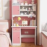 Rosa Kinderschreibtisch mit Schublade und Schränken, Mädchen-Schlafzimmer-Schreibtisch für Teenager, Mädchen, einfache Montage, langlebiges Design