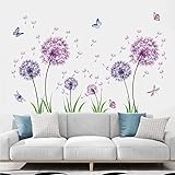 TOARTI 54 Pcs Groß Wandtattoo Löwenzahn,Lila Wandsticker für Kinderzimmer Mädchen,Wandtattoo Pusteblume für Schlafzimmer,Schmetterling Pflanzen Blumen Wandaufkleber für Babyzimmer Wohnzimmer Wanddeko