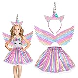 Hifot Einhorn Kostüm Prinzessin Set 3 Stück，Regenbogen Tutu Rock Mädchen Kostüm Tüllrock,Einhorn Haarreif Flügel für Mädchen für Unicorn Cosplay Kindergeburtstag Karneval