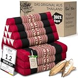 livasia Thaikissen mit 3 Auflagen - 175x50x8cm - Dreieckskissen mit Klappmatratze, Keilkissen Kapok, Rückenkissen faltbar, Thaimatte zum Klappen, handgefertigt, Meditationskissen (Rot/Elefanten)