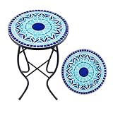 VONLUCE Mosaik Beistelltisch Runder Retro Mosaiktisch Metalltisch Kaffeetisch 35,5x54,5cm Blumenhocker Blumenständer Pflanzenständer Blumenregal mit Mosaikplatte 14' Balkontisch (Blau)