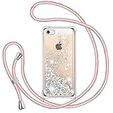 TUUT Handykette für iPhone 5/5S/SE 2016 Hülle mit Band, Glitzer Treibsand Handyhülle mit Kordel zum Umhängen, Transparent Stoßfest Schutzhülle mit Kette - Schnur Quicksand Necklace Case in Rose_Gold