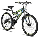 Licorne Bike Strong D Premium Mountainbike in 26 Zoll - Fahrrad für Jungen, Mädchen, Damen und Herren - Scheibenbremse vorne und hinten-Shimano 21 Gang-Schaltung-Vollfederung-Schwarz/Blau/Lime
