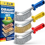 S&R 3-teiliges Hand-Drahtbürsten-Set: Edelstahl-, Messing- und Stahlbürsten für Metall, Holz, Rost, Entgraten und Schweißnaht-Reinigung – Ergonomische, schmale Handbürsten für Werkstatt & DIY-Projekte