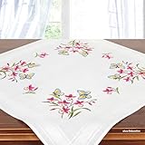KAMACA Stickpackung Tischdecke Spannstich Blumen vorgedruckte Stickdecke inkl. Stickgarn Stickvorlage und Anleitung Stickset zum Selbersticken für Erwachsene (Iris und Schmetterlinge MD 80x80 cm)