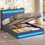 AOGLLATI Hydraulisch Stauraumbett 140×200cm, Polsterbett Doppelbett mit LED und USB-Ladefunktion, Funktionsbett Bettgestell mit Stauraum und Lattenrost, Linen,Ohne Matratze, Dunkelgrau