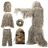 5-Teilige 3D Ghillie Suit Camouflage Jagdbekleidung Jagdbekleidung Herren Einschließlich Jacke,Hose,Kapuze,Tragetasche Tarnanzug für Outdoor Jagdfotografie,DryGrass-Kids