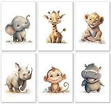 LAVEMA Bilder Kinderzimmer | Babyzimmer Deko | Glückliche Safari Tiere | Poster A4 ohne Bilderrahmen | Wanddeko Beige Poster | Baby Junge Mädchen Dekoration