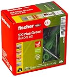 fischer Spreizdübel SX Plus Green 8 x 40 S mit Edelstahlschraube A2, nachhaltige Dübel aus 50 % nachwachsenden Rohstoffen, 4-fach Spreizung, der Spezialist im Vollbaustoff, 20 Dübel und 20 Schrauben
