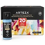 ARTEZA Acrylfarben Set, 60ml Flaschen, 20er-Set, wasserbasiert, mattes Finish, mischbare Acrylmalfarben für Kunst & DIY Projekte auf Glas, Holz, Keramik, Stoffen, Papier und Leinwand