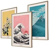 Hokusai Poster Set Japanische Wanddeko Japan Kunst Bilder Schlafzimmer Deko Wohnzimmer Dekoration Eklektische Gemälde (3x A3 | Ohne Rahmen)