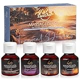 DaniChou® Tropical Dreams Massageöl Probierset - 4x 50ml - Vanille, Kokos, Erwärmend, Amyris-Lavendel - Körperöl mit Jojobaöl & Mandelöl - Ideal für Skincare, Geschenke für Frauen, Männer & Paare