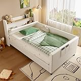 Gxffipw Kinderbett Tagesbett 90x200 cm mit Kopfteil, Schlafsofa mit Stauraum und 3 Staufächern, Schlafcouch für Kinder, Einzelbett Bettgestell mit Metallrahmen, PU, Weiß, Ohne Matratze