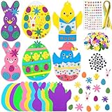 JUNEBRUSHS Ostern Basteln, 12 Stück Moosgummi Bastelset DIY Bastelset Ostern Bunte Eier Hasen Küken Basteln für Oster Geschenk Partyartikel Jungen Mädchen