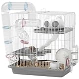 PawHut Hamsterkäfig, Nagerkäfig auf 3 Ebenen, mit Laufrad, Tunnel, Futternapf, Hundehütte und Auffahrrampe, für Zwerghamster und Wüstenrennmäuse, 45 x 30 x 45 cm, grau