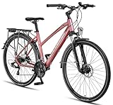 Licorne Bike Premium Touring Trekking Bike in 28 Zoll Aluminium Scheibenbremse Fahrrad für Jungen, Mädchen, Damen und Herren - 21 Gang-Schaltung - Mountainbike - Crossbike (Damen, Rosa)