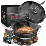 Taste of Fire [Das Original] - 7,4 Liter Dutch Oven Set mit Standfüßen & 1,8 Liter Deckel mit Doppelfunktion zusätzlich als Grillpfanne nutzbar – inkl. Deckelheber und E-Book