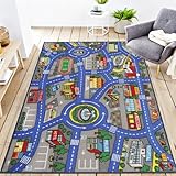 Capslpad Autoteppich Kinder 100x160cm rutschfest Kinderteppich Stadtplan Interaktiver Spielteppich Waschbar Kreativ Pädagogisch Spielmatte für Kinder Teenager Kinderzimmer Spielzimmer Dekor, Blau