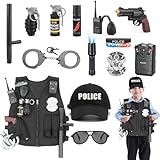 XSYKJGS Polizei Kostüm Kinder, 15 Stück Deluxe Polizei Kostüm Zubehör, Polizeikostüm Ausrüstung inklusive Polizei Mütze Handschellen Weste Walkie Talkie für Jungen Mädchen Halloween Karneval