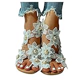 Sandalen Damen Flach Sandalen Damen Blumen Retro Damen Sommer Rom Perle Glitzer Kreuzgurt Frauen Flip Flops Strandsandalen Sandaletten Pantoletten Römersandalen Hausschuhe Sommerschuhe Freizeitschuhe