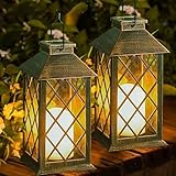 Joycome Solarlaterne für Außen 2 Stück Solarlampen Garten mit Flammeneffekte Kerze, Hängend Solar Laternen Wasserdicht Solarleuchten für Terrasse Balkon Pavillon Deko - Bronze