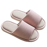 AioTio Hausschuhe Damen Leinen Weiche Baumwoll-Pantoffeln Anti-Rutsch-Hausschuhe für Drinnen & Draußen Vier Jahreszeiten(Hellrosa,36/37 EU)