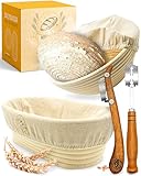KRUSTENZAUBER Gärkorb zum Brotbacken + Bäckermesser - Set aus 2x Gärkörbchen u. 2x Teigmesser - Brot Backen Zubehör, Brotkorb, Brotbackform, Sauerteig Startet Set, Teigschneider, Gärfolie Brot, Rattan
