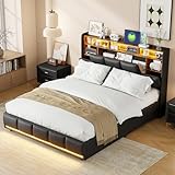SUNFECILI Polsterbett 140 x 200 cm mit Bettkasten, Doppelbett mit LED und USB, Boxspringbett mit Stauraum und Lattenrost, Stauraumbett Jugendbett, PU Schwarz (140x200cm)