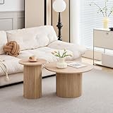 HJhomeheart Runder Couchtisch 2er Set, Beistelltisch aus Holz, Moderner Kaffeetisch mit römischer Säulenbasis für Wohnzimmer, Balkon, Schlafzimmer (Natürliche Holzmaserung)