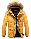 Herren Daunenjacke Winterjacke Fur Hooded Puffer Jacket Fell Pelzmantel Winterparka Pelzkragen Mit Kapuze Winter Warme Mäntel Jacken (Gelb,2XL)