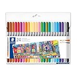 STAEDTLER 3200 Doppelfasermaler, zwei Spitzen für schmale und breite Linien, Etui mit 24 Doppelfasermalern in sortierten Farben, 3200 C24P