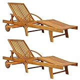 Casaria® 2X Sonnenliege Holz Klappbar 320kg Belastbarkeit Tisch Fuß- und Rückenteil variierbar Räder Ablage Garten Balkon Terrasse Gartenliege Akazie