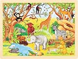 Goki 57892 Einlegepuzzle Afrika aus Holz, Holzpuzzle mit Wilden Tiermotiven der Savanne, Lernspielzeug und Kinderpuzzle, fördert Fantasie und Motorik der Kinder, 40cm x 30cm, 48er Set, ab 3 Jahren
