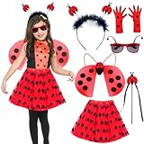BITOWO Marienkäfer Kostüm Kinder Mädchen 110 116 122 128 134 Marienkäfer Rock Flügel Haarreif Brille Handschuhe Kostüm Marienkäfer Kinder Karneval Marienkäfer Kleid Kleidung Kinder 5-8 Jahre Fasching