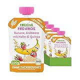 FRECHE FREUNDE Bio Quetschie Banane, Erdbeere mit Hafer & Quinoa, Fruchtmus mit Getreide im Quetschbeutel für Babys ab dem 6. Monat, vegan, 6er Pack (6 x 100g)