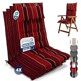 Beautissu 4er Set Premium Hochlehner Auflage mit Kopfpolster 120x50cm Sun-HL – 8cm Dick Polster Gartenstuhlauflage rutschfest Befestigungsbänder UV-Lichtechtheit 5 – Robust Stoff Rot Gestreift