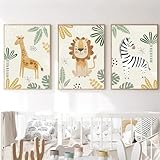 3 Poster Waldtiere Kinderzimmer grün Poster Dschungel Kinder Tiere Safari Giraffe Löwe Elefant Bild Savanne Baby 30 x 40 cm Leinwand Wanddekoration Kinder Jungen Geschenk ohne Rahmen