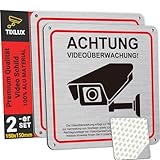 2 Stück Schild Videoüberwachung, Tixlux Alu Videoüberwachung Sicherheitsschilder (150 x 150mm), Warnschild Kamera Überwachung, mit Klebepad & Montagebohrung, für Privatgrundstück