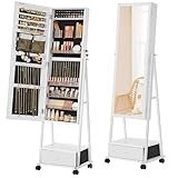SONGMICS Schmuckschrank, Ganzkörperspiegel, Spiegelschrank, abschließbarer Schmuckorganizer mit Schublade, Rollen, Geschenkidee, weiß JJC004W02