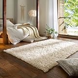 Taracarpet Teppich Wollteppich Flokati Diana aus Schurwolle, Schafwollteppich Hochflor Langflor fürs Wohnzimmer Schlafzimmer Esszimmer Weiss beige Creme 090x160 cm