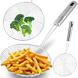 Retoo Schaumlöffel Abseihlöffel Schaumkelle Edelstahl Siebkelle mit Langem Griff und Hängen Loch Frittierkelle für Hot Pot Kochen Frittieren Durchmesser Dünsten Braten Durchmesser 14,5 cm Silber