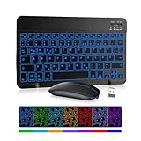 MAYPHY Kabellose Mini-Tastatur-Maus-Kombination, tragbare Tastatur mit 7-Farbiger Hintergrundbeleuchtung, 2,4G/BT-Dualmodus für iPad, Tablets, Laptops, leise Tasten und kompaktes Design, Schwarz