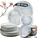 Moritz & Moritz TERRA 18-tlg Geschirrset 6 Personen - Teller Set in strahlendem Azurblau aus hochwertigem Porzellan - Geschirr Set 6 Personen aus je 6x Speiseteller, Dessertteller und Schalen